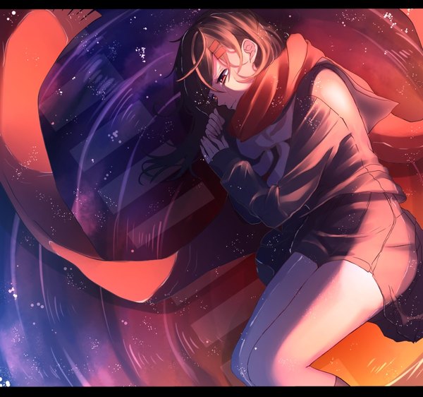Anime picture 925x867 with kagerou project shaft (studio) tateyama ayano ume neko (otaku-nyanko) single long hair brown hair brown eyes payot looking away bent knee (knees) lying fingernails from above sunlight shadow wet tears partially submerged sleeves past wrists