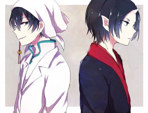 Anime picture 1050x800 with hoozuki no reitetsu wit studio hoozuki (hoozuki no reitetsu) hakutaku (hoozuki no reitetsu) ringomaru looking at viewer short hair black hair simple background smile traditional clothes japanese clothes profile horn (horns) pointy ears black eyes grey background multiple boys border chinese clothes