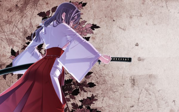 Anime picture 1920x1200 with sakuya tsuitachi hiiragi ryou highres wide image purple hair japanese clothes miko girl weapon sword katana