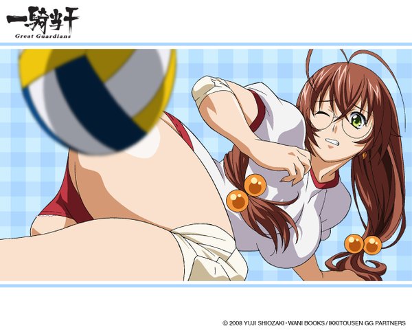 Anime picture 1280x1024 with ikkitousen ryuubi gentoku long hair breasts light erotic brown hair large breasts green eyes ahoge one eye closed wink volleyball hair ornament earrings glasses hair tie hair bobbles buruma knee pads