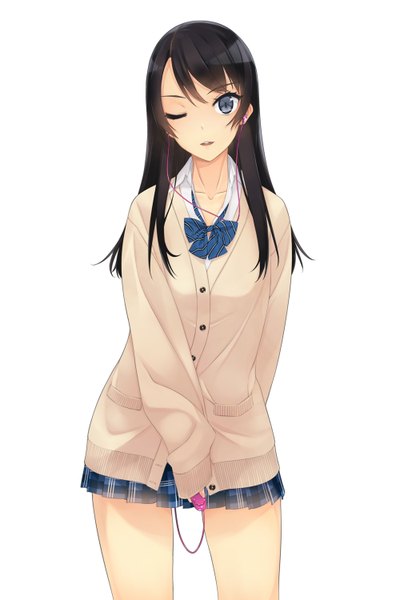 Anime picture 1000x1500 with original murakami suigun single long hair tall image looking at viewer open mouth blue eyes light erotic black hair simple background white background one eye closed wink girl skirt uniform school uniform miniskirt egg vibrator