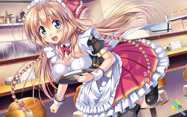 Anime picture 1920x1200 with aozora stripe piromizu single long hair looking at viewer highres open mouth blue eyes light erotic blonde hair wide image cleavage braid (braids) :d breast press waitress restaurant girl thighhighs hair ornament