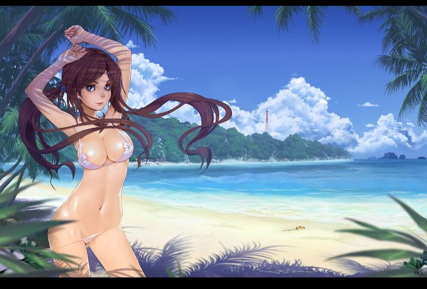 Anime picture 1200x813 with karanak single long hair looking at viewer breasts blue eyes light erotic brown hair large breasts armpit (armpits) beach girl navel swimsuit bikini