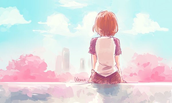 Anime picture 2500x1500 with original wernozaur single highres short hair brown hair wide image sitting signed sky cloud (clouds) back cityscape girl