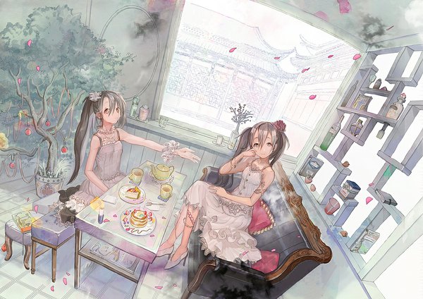 Anime picture 1000x708 with original neyagi long hair looking at viewer twintails multiple girls brown eyes ponytail indoors hair flower grey hair high heels girl dress hair ornament flower (flowers) ribbon (ribbons) 2 girls plant (plants) petals