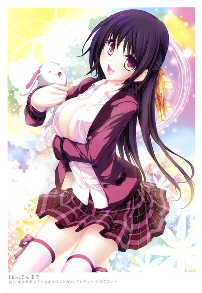 Anime picture 2406x3475 with original tenmaso single long hair tall image looking at viewer highres open mouth light erotic black hair scan open clothes open shirt multicolored eyes girl thighhighs skirt shirt white thighhighs toy