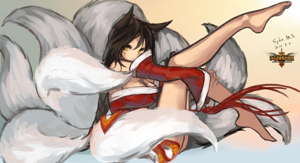 Anime picture 1980x1080 with league of legends ahri (league of legends) syka single long hair looking at viewer blush highres breasts black hair wide image large breasts sitting animal ears yellow eyes tail braid (braids) animal tail barefoot fox ears