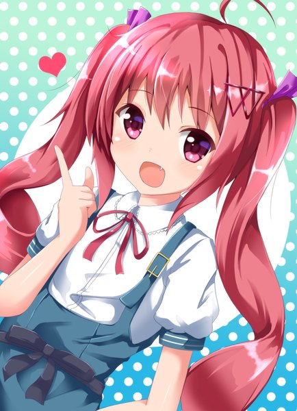 Anime picture 2753x3800 with original hazuki watora ok-ray single long hair tall image blush highres open mouth red eyes twintails red hair teeth loli fang (fangs) borrowed character girl heart