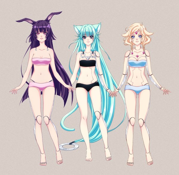 Anime picture 1485x1456 with original eos selene (original character) theia (original character) kishishiotani long hair looking at viewer short hair blue eyes light erotic blonde hair smile standing bare shoulders multiple girls animal ears purple hair tail braid (braids) very long hair