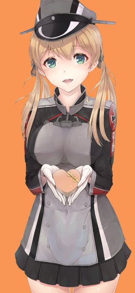 Anime picture 835x1800 with kantai collection prinz eugen (kantai collection) urigarasu single long hair tall image looking at viewer open mouth blonde hair twintails green eyes valentine orange background girl skirt gloves miniskirt white gloves gift peaked cap