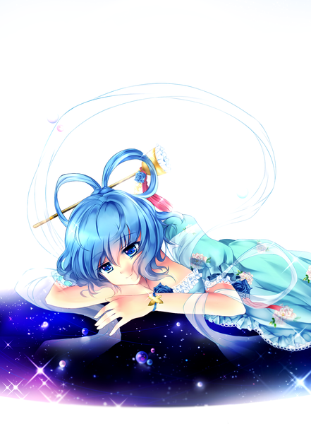 Anime picture 1705x2317 with touhou kaku seiga kirame kirai (artist) single tall image highres short hair blue eyes smile white background blue hair girl dress hair ornament hairpin (hairpins)