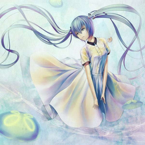 Anime picture 1000x1000 with vocaloid hatsune miku oki (koi0koi) single blue eyes twintails blue hair looking away very long hair floating hair girl dress bubble (bubbles) seashell