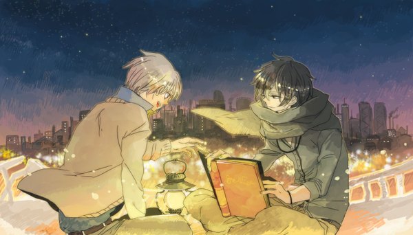 Anime picture 1400x800 with no.6 studio bones nezumi (no.6) shion (no.6) taro (pixiv) short hair open mouth black hair wide image sitting grey hair city boy scarf book (books) building (buildings) sweater lamp