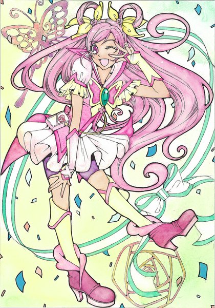 Anime picture 771x1102 with precure yes! precure 5 yes! precure 5 gogo! toei animation yumehara nozomi cure dream sayococco single tall image looking at viewer open mouth pink hair very long hair one eye closed pink eyes wink hair bun (hair buns) victory magical girl traditional media
