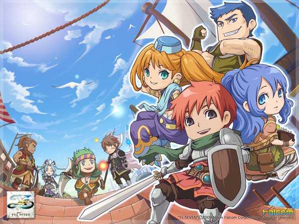 Anime picture 1600x1200 with ys falcom (studio) long hair looking at viewer short hair blue eyes multiple girls green eyes blue hair sky cloud (clouds) ponytail red hair green hair multiple boys chibi girl boy weapon hat