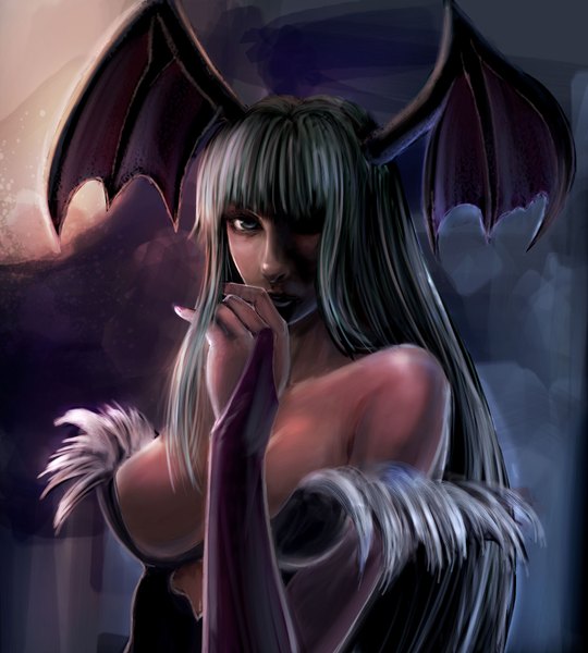 Anime picture 1800x2000 with vampire / darkstalkers (game) capcom morrigan aensland single long hair tall image highres breasts light erotic green eyes green hair realistic demon girl head wings succubus girl moon full moon