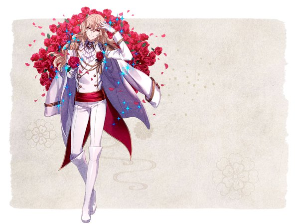 Anime picture 1133x849 with yuugen romantica rejet hanawo tayuya1130 single long hair looking at viewer fringe blonde hair smile hair between eyes full body pink eyes official art sparkle hand on head clothes on shoulders boy gloves flower (flowers)
