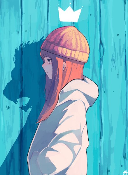 Anime picture 878x1200 with original nanakawa (nanasoon) single long hair tall image blush fringe open mouth blue eyes standing profile orange hair teeth shadow fang (fangs) hands in pockets girl animal hood hoodie