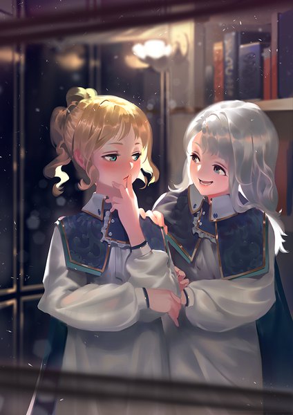 Anime picture 723x1023 with original karasu-san (syh3iua83) long hair tall image blush fringe open mouth blonde hair smile standing multiple girls ponytail aqua eyes grey hair teeth hand to mouth hands clasped hand on another's shoulder girl dress