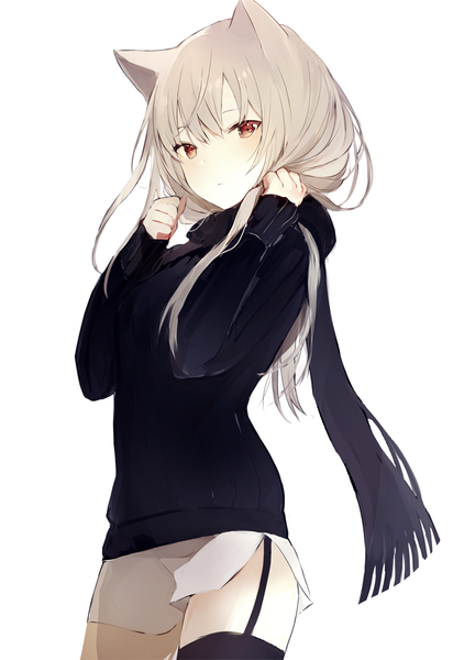 Anime picture 675x983 with original lpip single long hair tall image looking at viewer blush fringe simple background hair between eyes red eyes standing white background animal ears long sleeves grey hair cat ears side slit girl thighhighs