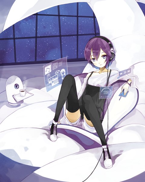 Anime picture 2400x3000 with shadow2810 single tall image highres short hair sitting bare shoulders looking away sky purple hair night bare legs grey eyes night sky girl thighhighs black thighhighs shorts bracelet headphones
