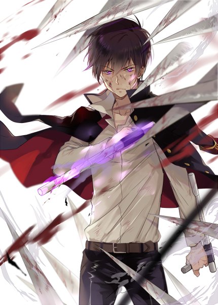 Anime picture 861x1200 with katekyou hitman reborn hibari kyouya ekita xuan single tall image fringe short hair black hair hair between eyes purple eyes looking away glowing fighting stance clothes on shoulders injury vongola family boy uniform weapon school uniform