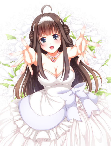 Anime picture 800x1043 with kantai collection kongou battleship sotogawa max single long hair tall image looking at viewer blush open mouth blue eyes brown hair ahoge girl dress flower (flowers) bow hairband