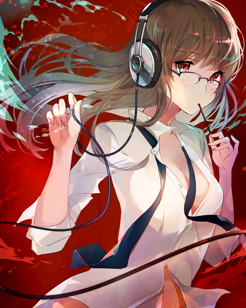 Anime picture 800x1002 with original tlla (artist) single long hair tall image blush fringe light erotic simple background red eyes brown hair looking away upper body wind mole bare belly open shirt mole under eye eating red background