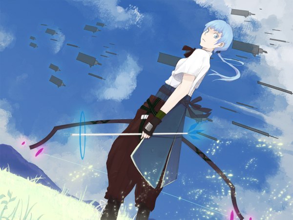 Anime picture 1468x1107 with original pixiv fantasia pixiv fantasia iii 110 hao single long hair blue eyes blue hair sky cloud (clouds) ponytail looking back girl plant (plants) fingerless gloves grass bow (weapon) arrow (arrows)