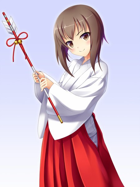 Anime picture 826x1100 with kantai collection taihou armored aircraft carrier kasaran single tall image looking at viewer blush short hair simple background smile brown hair brown eyes traditional clothes japanese clothes miko girl