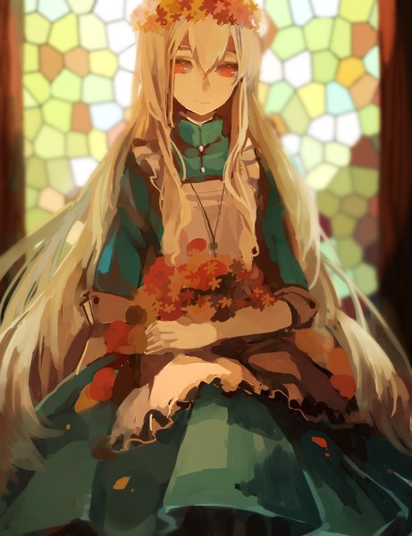 Anime picture 1000x1300 with kagerou project shaft (studio) mary (kagerou project) lemontea single long hair tall image blonde hair holding light smile orange eyes girl dress necklace wreath key stained glass