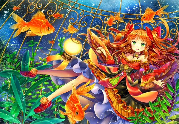 Anime picture 1200x836 with original ells (ellsat) single long hair looking at viewer open mouth green eyes orange hair girl dress bow plant (plants) hair bow shoes frills fish (fishes) lamp