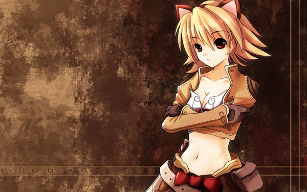 Anime picture 1680x1050 with ragnarok online thief (ragnarok online) single short hair blonde hair simple background red eyes wide image animal ears cleavage cat ears cat girl wallpaper crossed arms brown background girl fanny pack