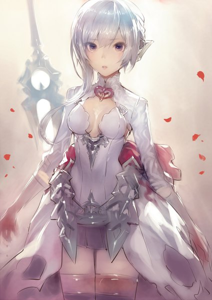 Anime picture 700x990 with sinoalice snow white (sinoalice) matsuda (matsukichi) single long hair tall image looking at viewer standing purple eyes silver hair parted lips pleated skirt grey background zettai ryouiki girl thighhighs skirt gloves weapon miniskirt