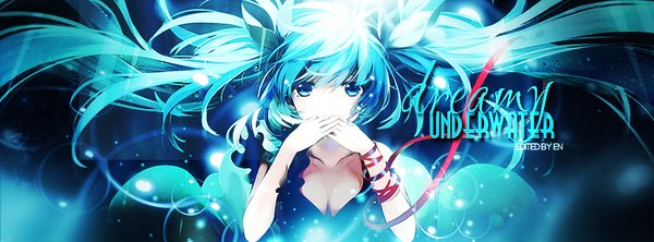Anime picture 851x315 with vocaloid shinkai shoujo (vocaloid) hatsune miku hakusai (tiahszld) redeye27 single looking at viewer fringe wide image twintails cleavage upper body aqua eyes aqua hair covered mouth girl ribbon (ribbons) hair ribbon