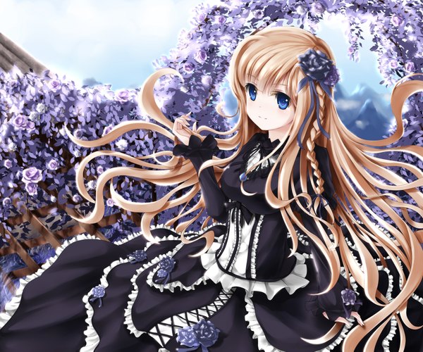 Anime picture 2000x1667 with original wsman single long hair highres blue eyes blonde hair looking away braid (braids) hair flower girl dress hair ornament flower (flowers)