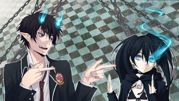 Anime picture 1500x848 with black rock shooter ao no exorcist a-1 pictures black rock shooter (character) okumura rin long hair short hair blue eyes black hair wide image pointy ears glowing glowing eye (eyes) framed pointing crossover checkered background girl boy uniform