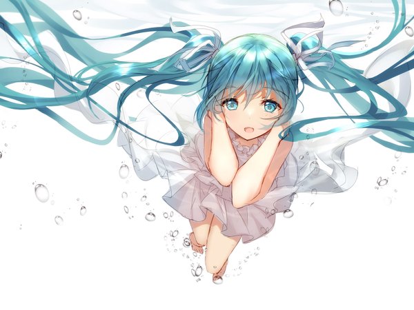 Anime picture 1920x1440 with vocaloid hatsune miku bison cangshu single looking at viewer fringe highres open mouth simple background smile hair between eyes twintails bent knee (knees) very long hair :d barefoot aqua eyes aqua hair bare legs floating hair