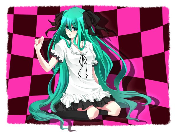 Anime picture 1500x1123 with vocaloid world is mine (vocaloid) hatsune miku single blue eyes sitting twintails very long hair aqua hair checkered background girl dress skirt bow hair bow miniskirt socks black socks