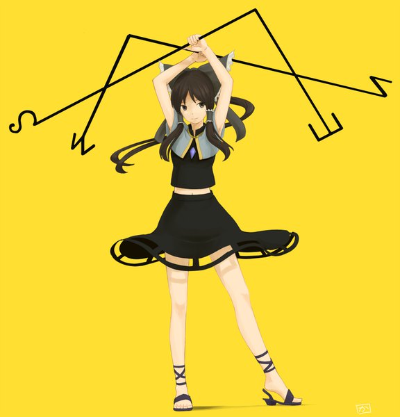 Anime picture 1057x1100 with touhou hakurei reimu nazrin kawashina (momen silicon) single long hair tall image simple background brown hair standing brown eyes signed payot looking away full body ponytail arms up midriff cosplay yellow background
