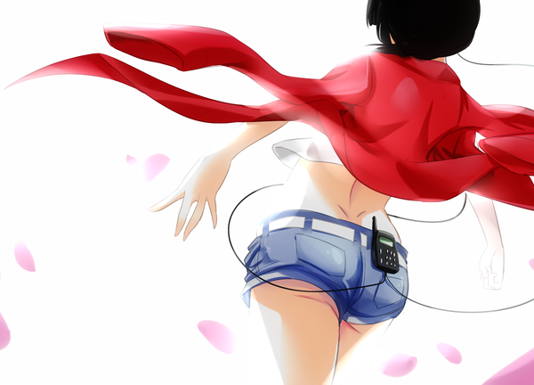 Anime picture 1200x864 with original initial f single short hair black hair white background back girl petals jacket shorts