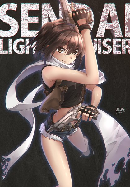 Anime picture 800x1147 with kantai collection black lagoon madhouse revy (black lagoon) sendai light cruiser morigami (morigami no yashiro) single tall image short hair smile brown hair brown eyes midriff two side up cosplay denim gloves weapon black gloves shorts