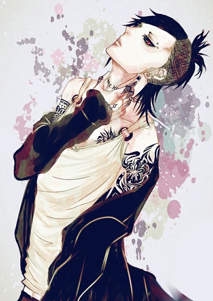 Anime picture 800x1133 with tokyo ghoul studio pierrot uta (tokyo kushu) ramiko single tall image short hair black hair red eyes nail polish fingernails lips off shoulder open clothes open jacket tattoo piercing looking up boy earrings