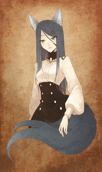 Anime picture 605x1016 with original zetallis long hair tall image looking at viewer black hair simple background green eyes animal ears tail animal tail grey eyes fox ears heterochromia facial mark fox tail brown background girl dress