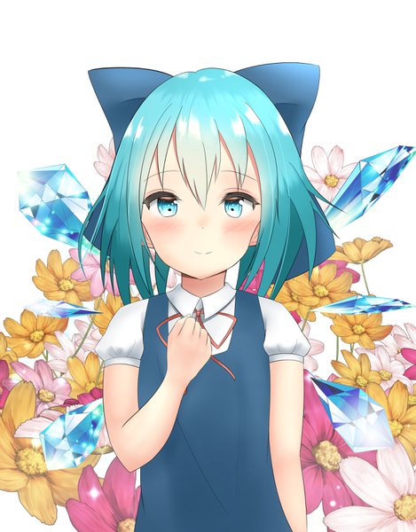 Anime picture 2480x3174 with touhou cirno nari (narikashi) single tall image looking at viewer blush fringe highres blue eyes simple background smile hair between eyes white background blue hair upper body short sleeves puffy sleeves hand on chest girl