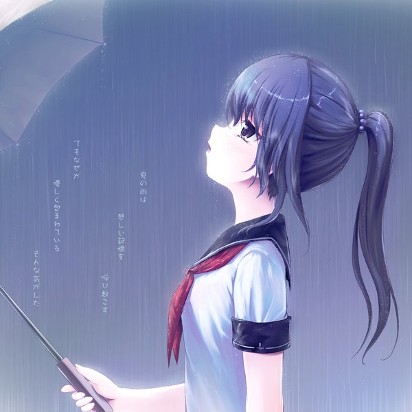 Anime picture 1000x1000 with original aruciii long hair open mouth blue hair ponytail profile black eyes looking up rain girl uniform serafuku umbrella
