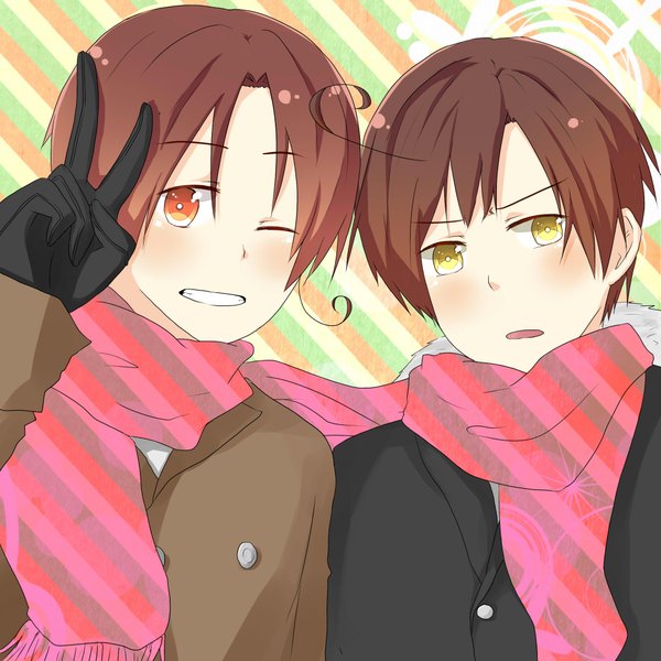 Anime picture 2011x2011 with axis powers hetalia studio deen north italy (hetalia) south italy (hetalia) blush highres short hair open mouth smile brown hair yellow eyes one eye closed wink multiple boys orange eyes shared scarf boy gloves jacket scarf