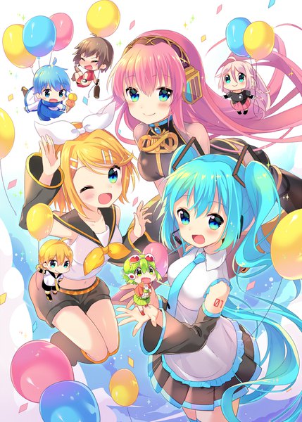 Anime picture 1429x2000 with vocaloid hatsune miku megurine luka kagamine rin kagamine len gumi kaito (vocaloid) meiko ia (vocaloid) ikari (aor3507) long hair tall image blush short hair open mouth blonde hair smile brown hair multiple girls green eyes