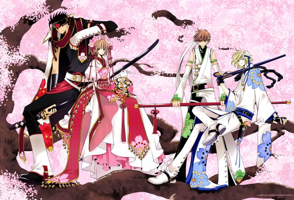 Anime picture 3669x2500 with tsubasa reservoir chronicle clamp sakura hime syaoran mokona fay d flourite kurogane highres sakura-hime