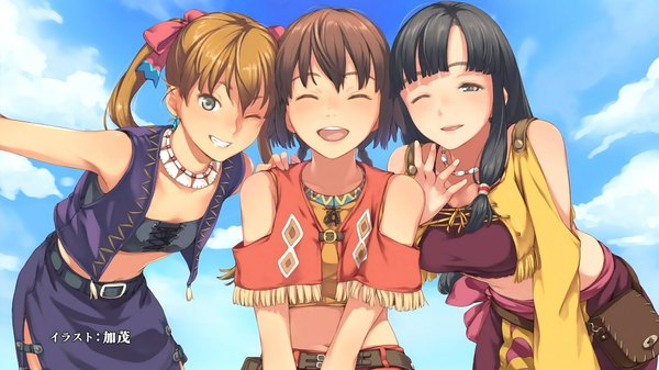 Anime picture 1920x1080 with suisei no gargantia production i.g amy (suisei no gargantia) saaya (suisei no gargantia) melty (suisei no gargantia) kamo (gafas) long hair highres short hair open mouth black hair smile brown hair wide image twintails bare shoulders multiple girls brown eyes cloud (clouds) eyes closed